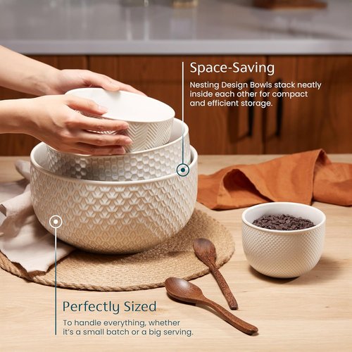 KooK Ceramic Mixing Bowls - Nesting Set of 4 | Embossed Kitchen Dishware, Microwave & Dishwasher Safe, Ivory