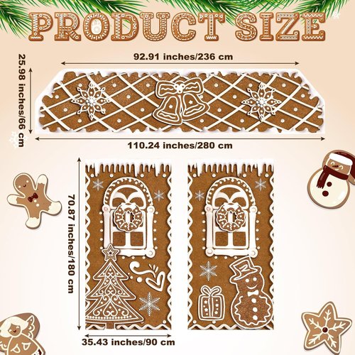 HunnmingRe Christmas Gingerbread House Decorations - 3 Pcs Door Covers & Backdrop | Snowflakes Style