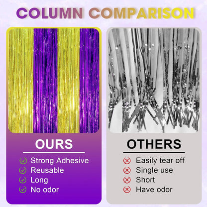 Voircoloria Purple and Gold Foil Fringe Backdrop Curtains - 3 Pack Tinsel Streamers for Parties