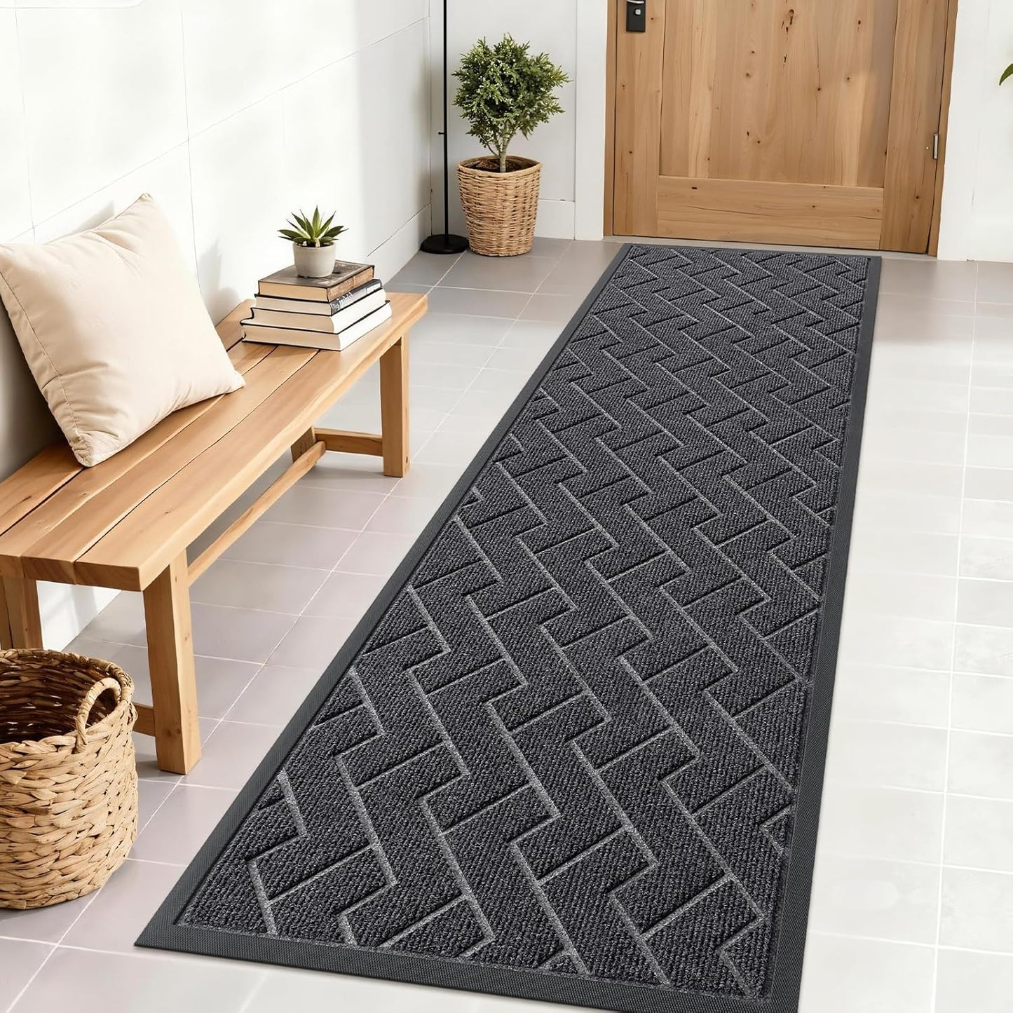 OLANLY Waterproof Front Door Mat - All-Season Indoor/Outdoor Doormat, Sturdy Natural Rubber, Herringbone Brick (Grey, 71x23)