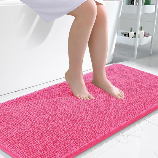 OLANLY Bathroom Runner Rugs - Soft Absorbent Chenille with Rubber Backing | Quick Dry, 47x24, Hot Pink