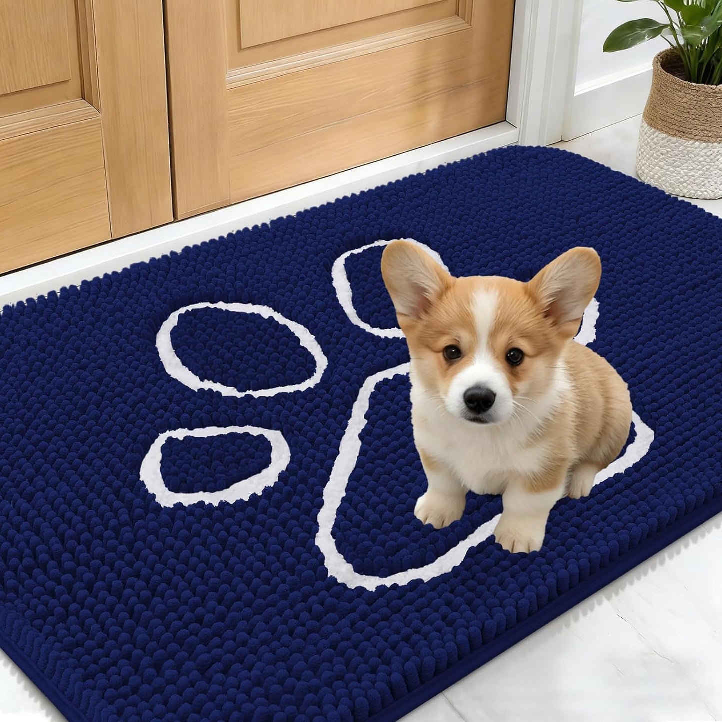 OLANLY Dog Door Mat - Absorbent Non-Slip Mud Mat for Paws | 24x16 Navy Blue Chenille Design
