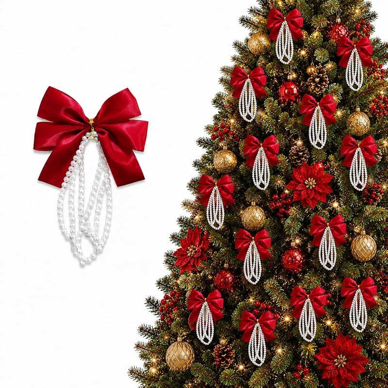 Pearl-Trimmed Red Satin Christmas Ornament Bow Set, 12 Pieces