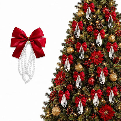 Pearl-Trimmed Red Satin Christmas Ornament Bow Set, 12 Pieces