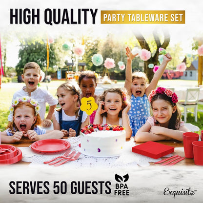 Regine Switzerland 350 Pcs Red Plastic Plates Set - Complete Disposable Dinnerware for Parties | 9" & 7" Plates, Cups, Napkins & Cutlery