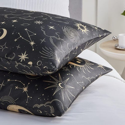 EXQ Home Satin Pillowcase Set - Black Printed Silk for Hair & Skin | Queen Size 20x30 inches - 2 Pack with Envelope Closure