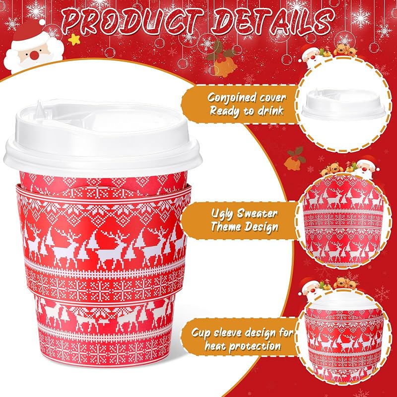 Multicolor 100 Pack 8 oz Christmas Disposable Coffee Cups with Lids & Sleeves (100 Pcs) – 4 Festive Designs