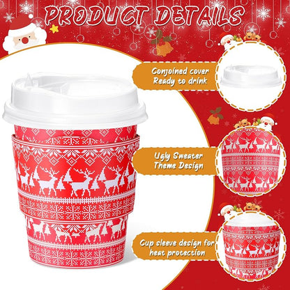 Multicolor 100 Pack 8 oz Christmas Disposable Coffee Cups with Lids & Sleeves (100 Pcs) – 4 Festive Designs