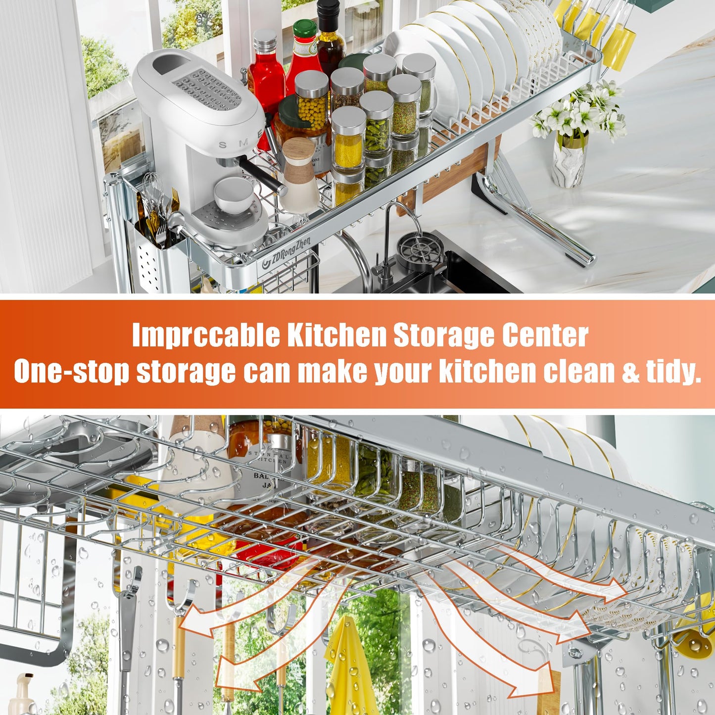 ZDRongZhen Over The Sink Dish Drying Rack,2 tier Full 304 Stainless Steel dish drainer rack,Adjustable Length (22.8''~35.04'') Kitchen Storage Counter with Cup Hanging Set and Hooks (Silver-2Tier)