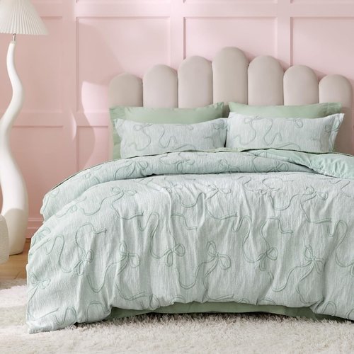 Bedsure Green Duvet Cover - Queen Size Bowknot Jacquard Design | Soft, Elegant Boho Bedding Set with 1 Duvet Cover & 2 Pillow Shams