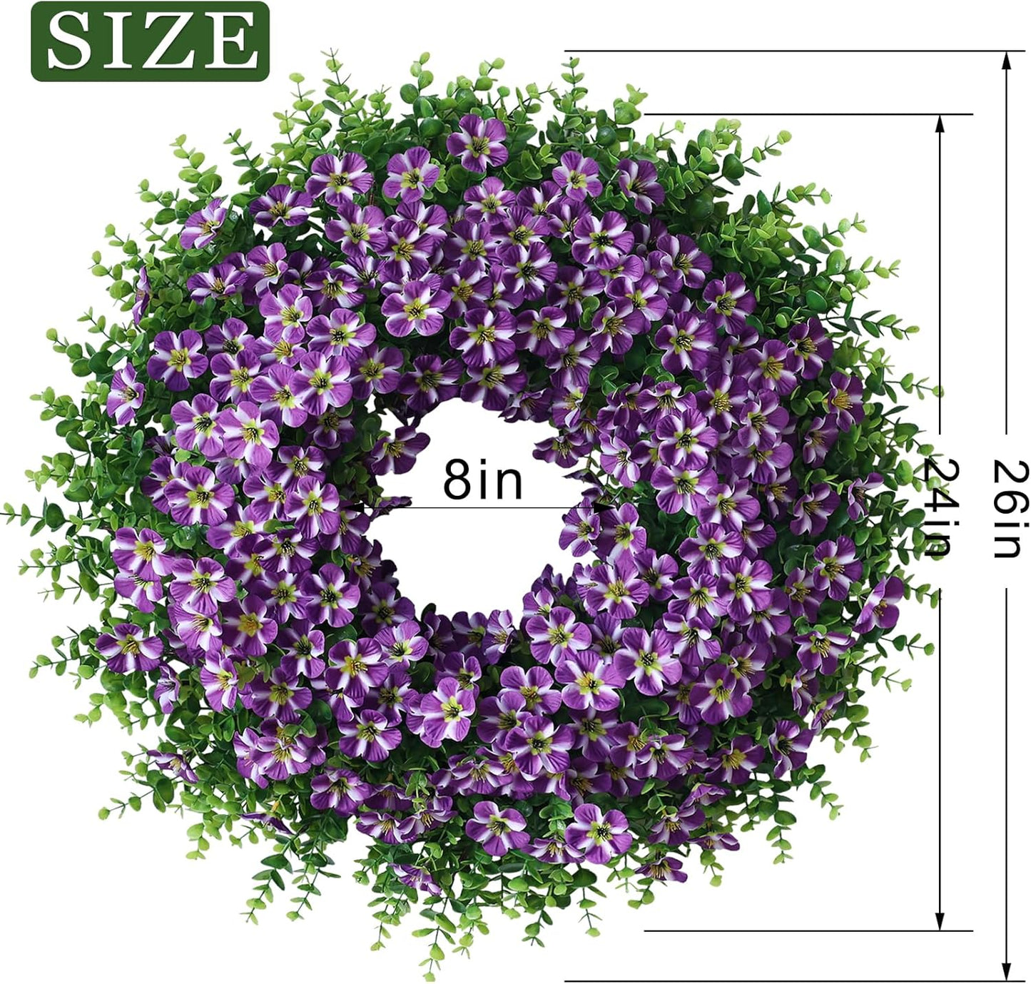 Skiennix 26" Large Artificial Eucalyptus Wreath - Realistic Faux Silk Morning Glory Flowers for Home & Wedding Decor (Purple)