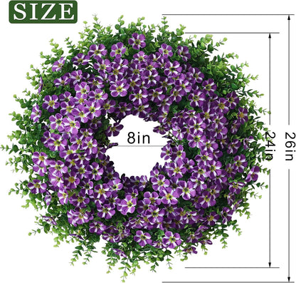 Skiennix 26" Large Artificial Eucalyptus Wreath - Realistic Faux Silk Morning Glory Flowers for Home & Wedding Decor (Purple)