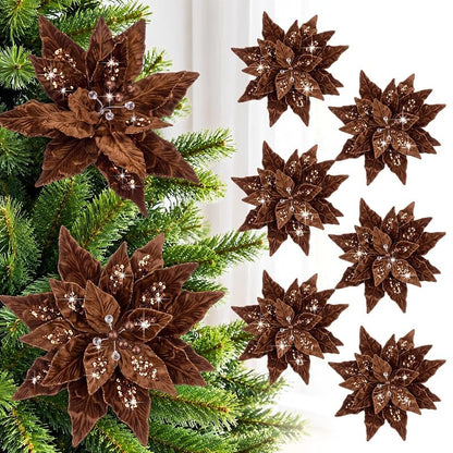 8 Pcs Velvet Christmas Poinsettia Flowers with Stems - Dark Brown (Variation of THIS listing)