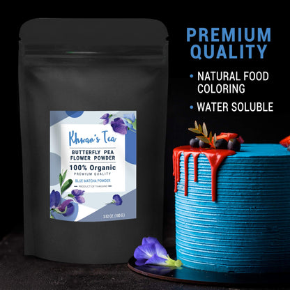 KHWAN'S TEA Butterfly Pea Flower Powder Extract, Culinary Grade Natural Food Coloring Blue Matcha Powder Tea, 3.5 Oz