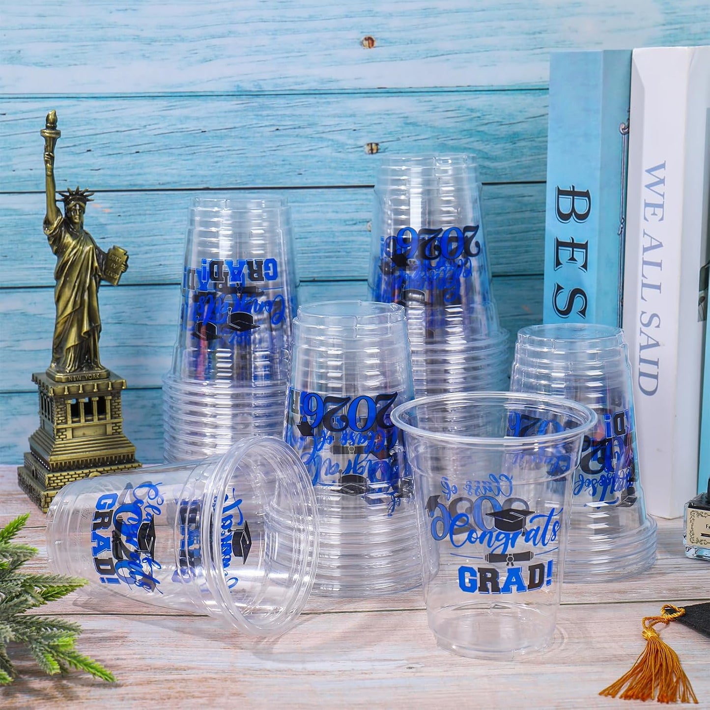 Whaline 50Pcs Graduation Plastic Cups - 12 Oz Congrats Grad Tableware in Black & Blue