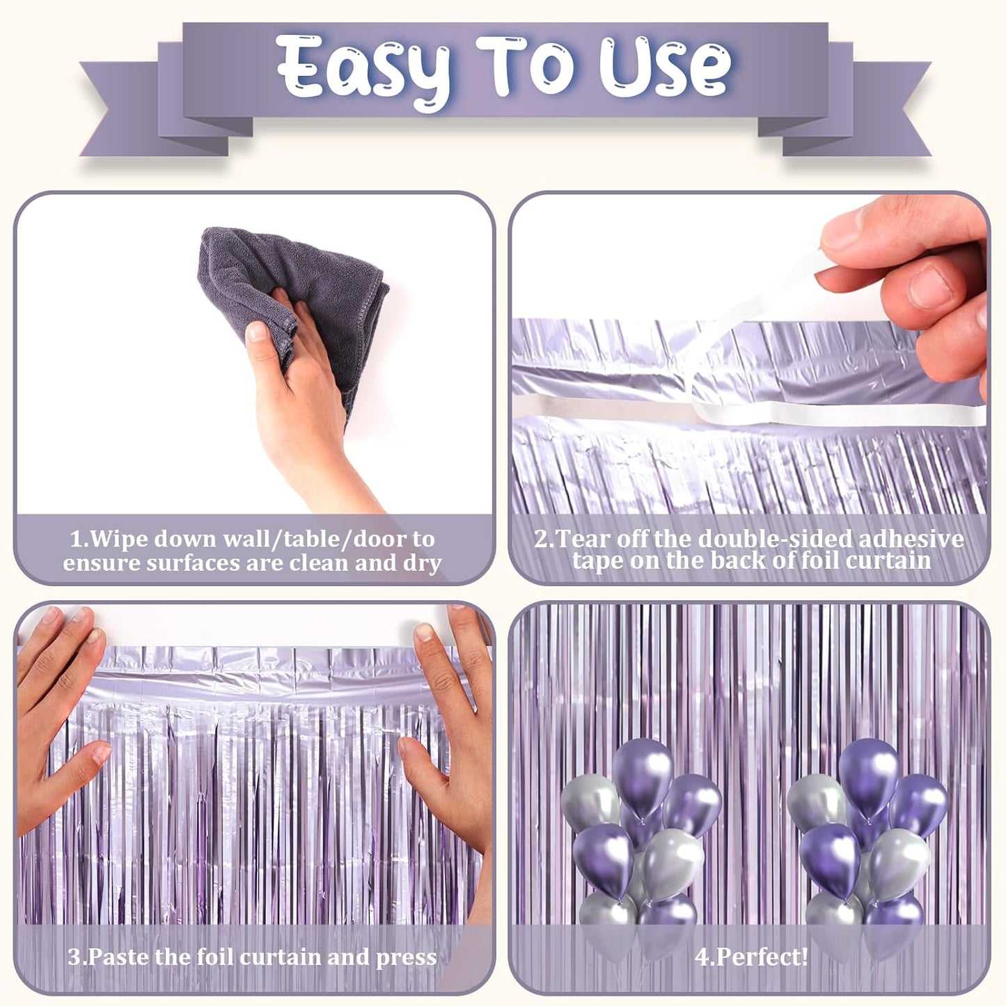 Voircoloria Light Purple Foil Fringe Backdrop Curtains - 3 Pack Tinsel Streamers for Baby Showers & Birthdays