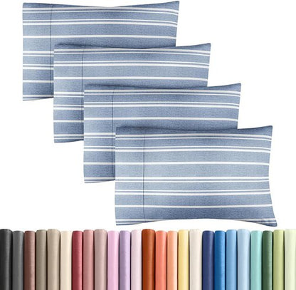 King Pillow Cases by [Brand Name] - Ultra Soft Hotel Quality Covers | Comfy, Wrinkle-Free - 4 Piece Set in Blue Stripes
