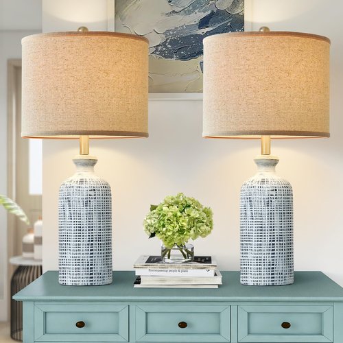 Ireliare Living Room Lamps Set of 2, 25.8" Ceramic Table Lamps for Bedrooms with Linen Shade, Modern Farmhouse Lamps for Nightstand with Rotary Switch