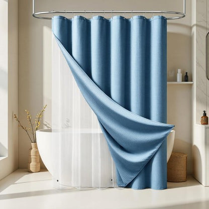 Dynamene Long Shower Curtain and Liner Set - 78 inch Tall Waffle Fabric, Waterproof Clear Liner, Heavy Duty Weighted Hotel Luxury Shower Curtains for Bathroom, 12 Hooks, 72x78, Moonlight Blue