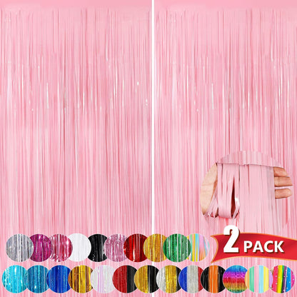Pastel Pink Metallic Tinsel Foil Fringe Curtains - 2 Pack 3.3x8.3 Feet Backdrop for Weddings & Parties