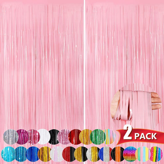 Pastel Pink Metallic Tinsel Foil Fringe Curtains - 2 Pack 3.3x8.3 Feet Backdrop for Weddings & Parties