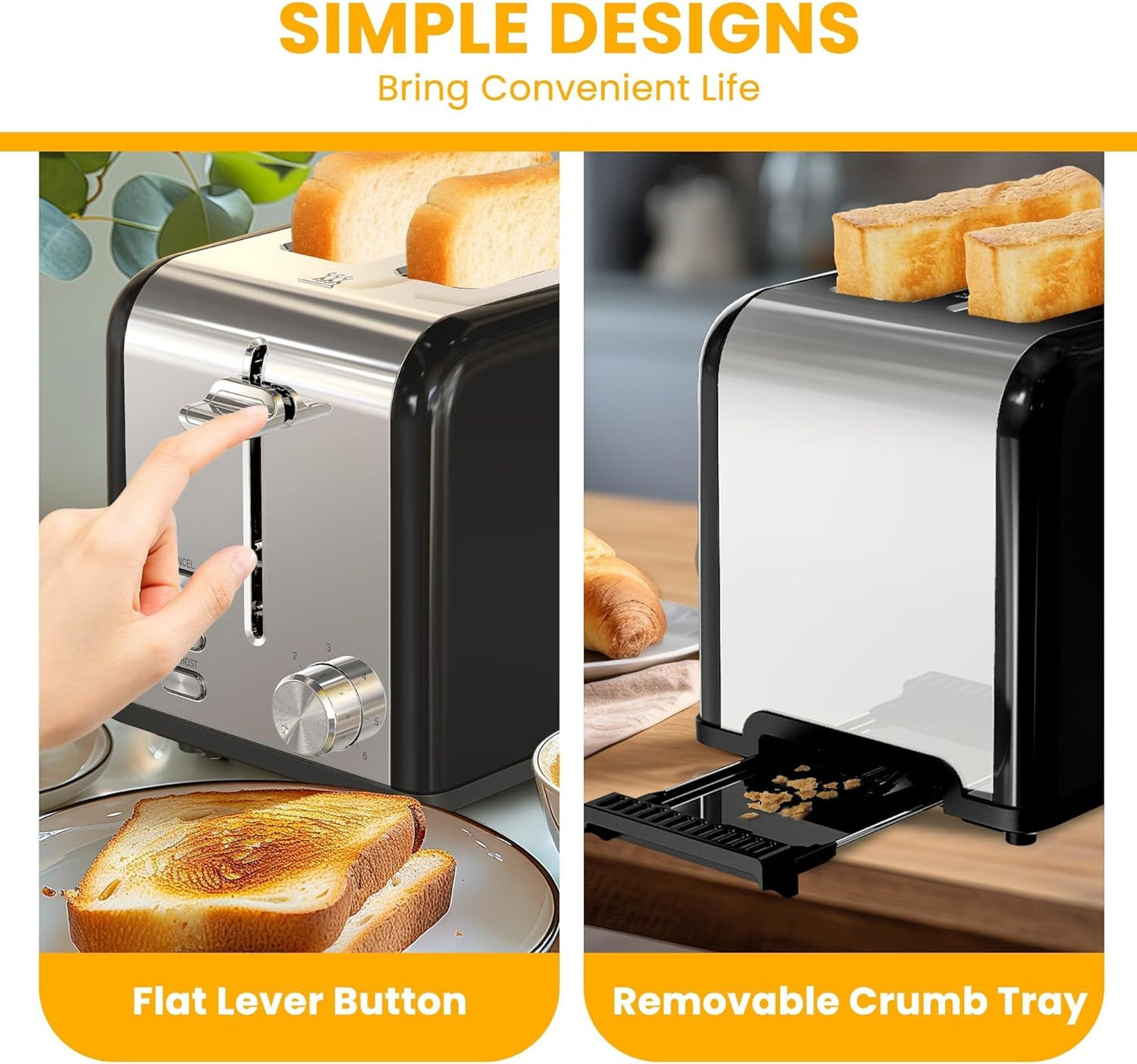Simple Deluxe 2-Slice Toaster - Stainless Steel with 6 Browning Settings & Extra Wide Slot - Black