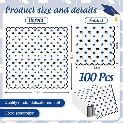 FYSUIMU Graduation Cap Napkins - 100 Pcs Scalloped Disposable Dinner Napkins | Black & Blue Star Design