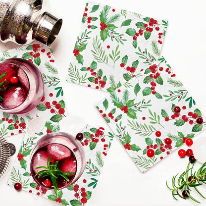 5 x 5 Inch Christmas Holly Paper Napkins Set of 80 - Seasonal Beverage Napkins