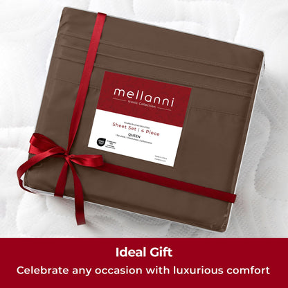 Mellanni Split King Sheets Set - 5 PC Iconic Collection Bedding - Hotel Luxury, Extra Soft, Cooling Bed Sheets - Wrinkle, Fade, Stain Resistant (Split King, Brown)