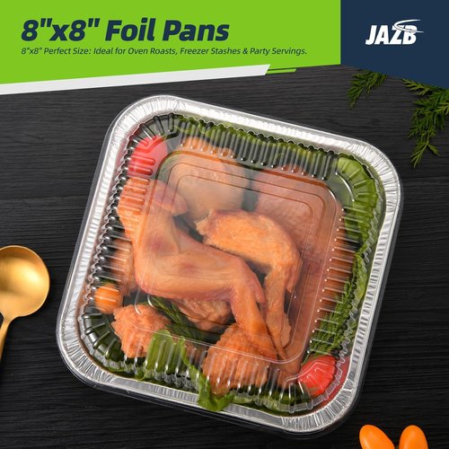 Jazb 8x8 Square Aluminum Foil Pans - 40PCS with Clear Plastic Lids for Easy Food Storage & Cooking