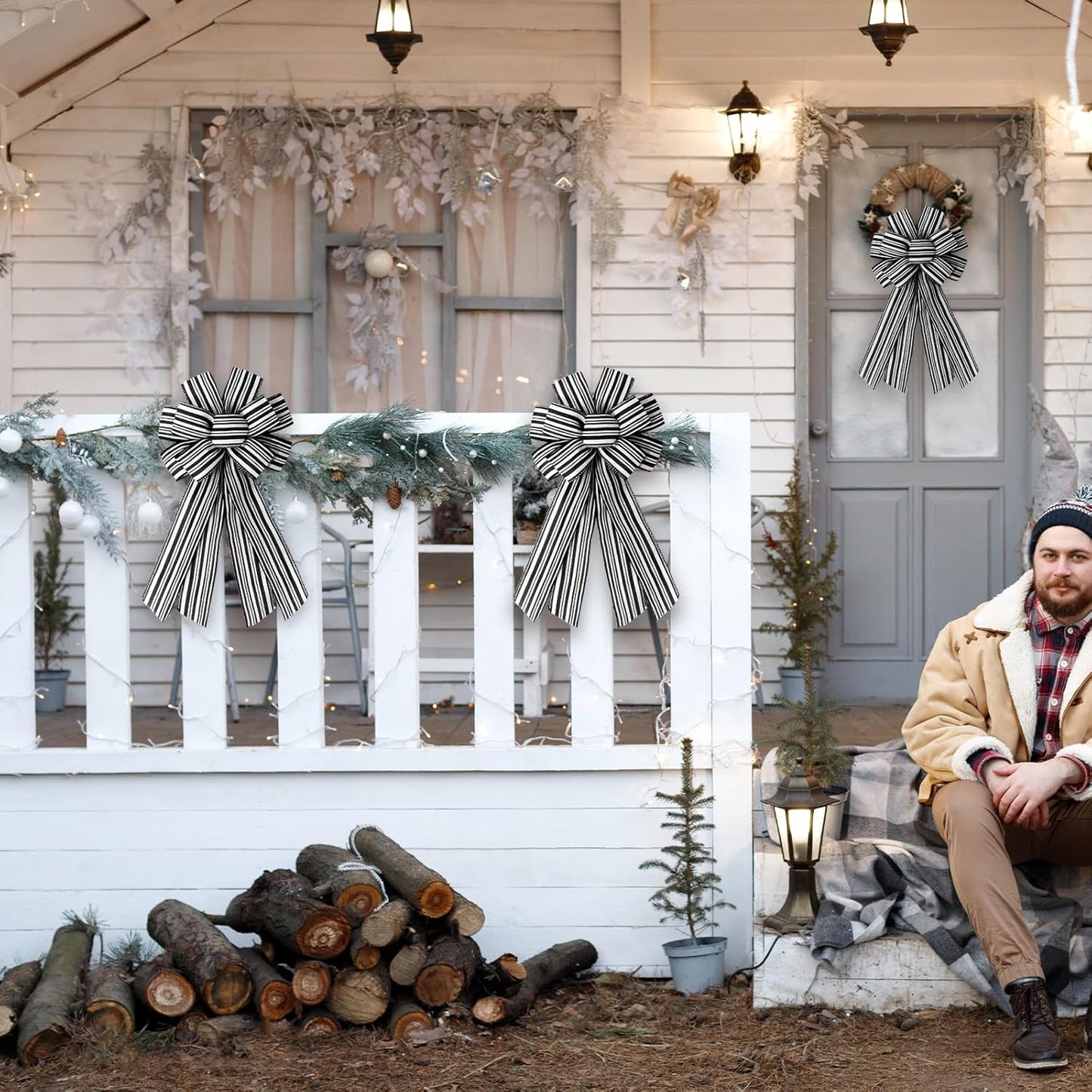 Skiennix Christmas Wreath Bows - White & Black Striped Burlap Ribbon Bowknot for Holiday Decor