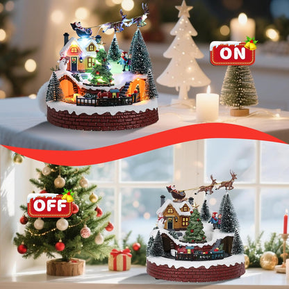 Vipush Christmas Village House Decorations - Resin Train Set with LED Lights & 8 Holiday Songs | Flying Santa Figurines