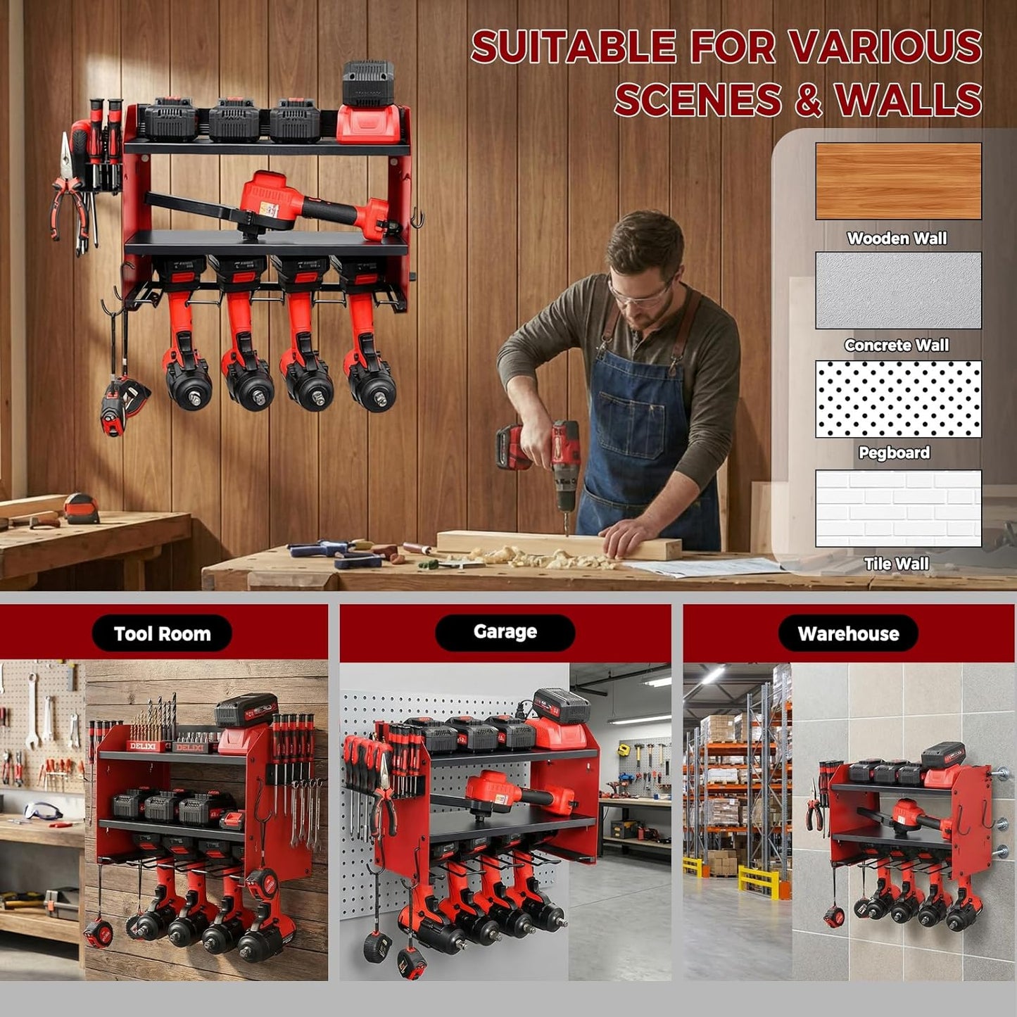 Power Tool Organizer - Heavy Duty Wall Mount with Charging Station & 4 Drill Holders | Red