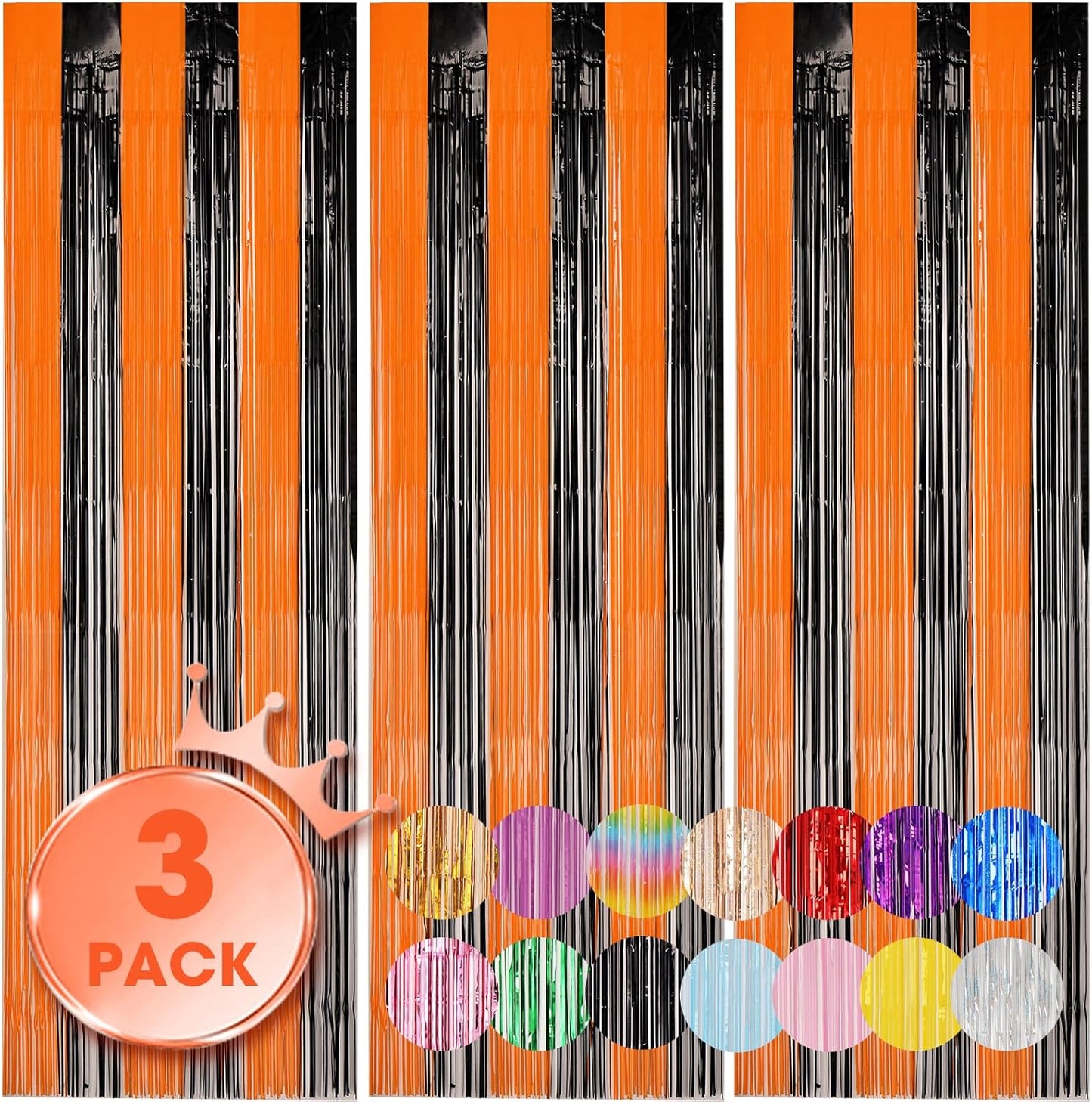Voircoloria 3 Pack Black & Orange Foil Fringe Backdrop Curtains - Tinsel Streamers for Parties & Events