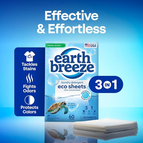 Earth Breeze Laundry Detergent Sheets - Fresh Scent, Eco-Friendly & Travel-Friendly - 60 Loads, 30 Ct