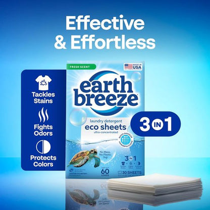 Earth Breeze Laundry Detergent Sheets - Fresh Scent, Eco-Friendly & Travel-Friendly - 60 Loads, 30 Ct