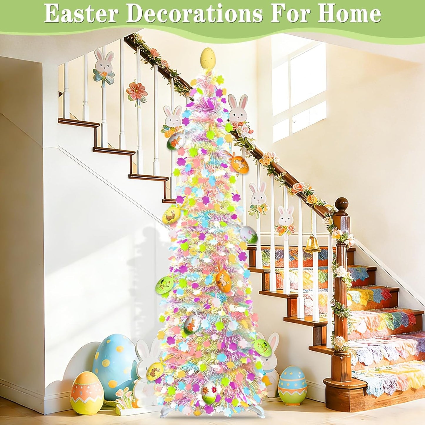 **Skiennix 5Ft Lighted Easter Tree - 50 LED Warm White Lights & Colorful Egg Ornaments | Battery Operated, Collapsible Design**