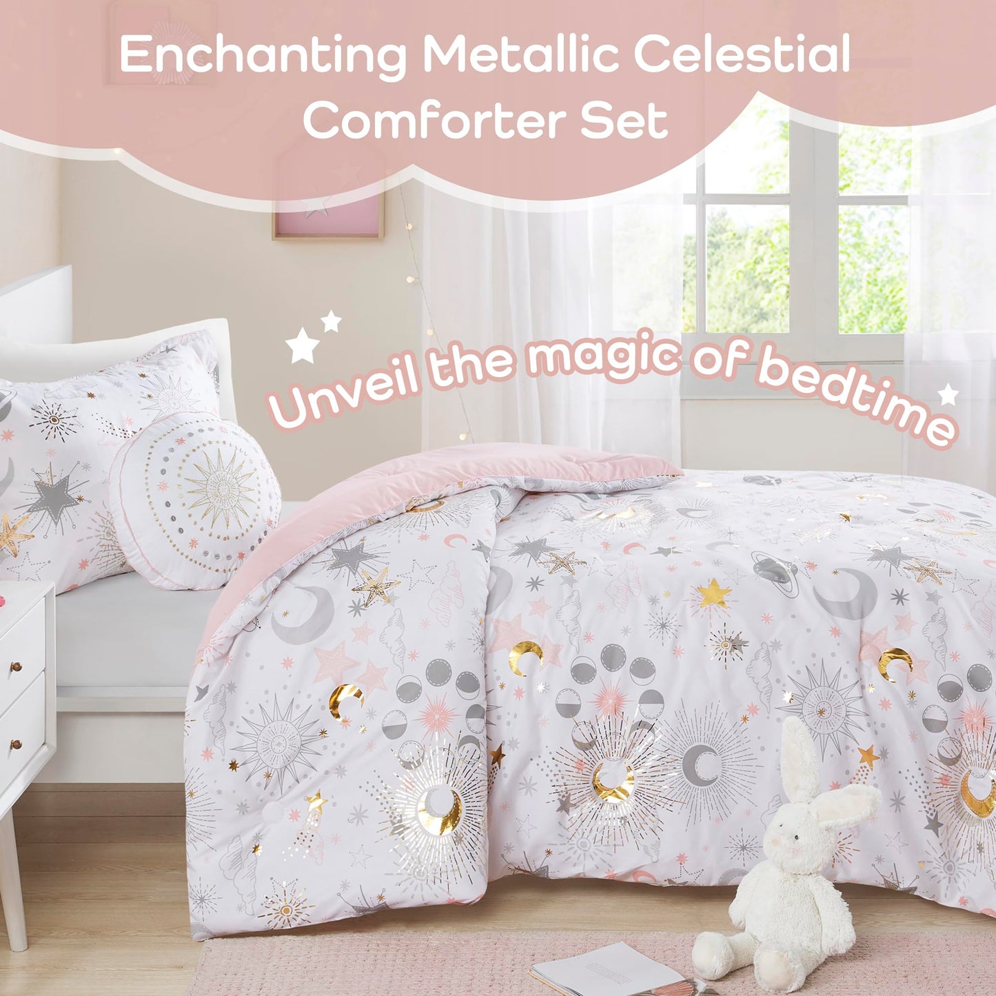 Mi Zone Kids Twin Comforter Set, Celestial Metallic Comforter Set Starry Sky, Moon & Sun Comforters, All Seasons Lightweight & Fluffy Comforter Bed Set, 1 Sham, Celia, Twin, Blush/Gold 3 Piece