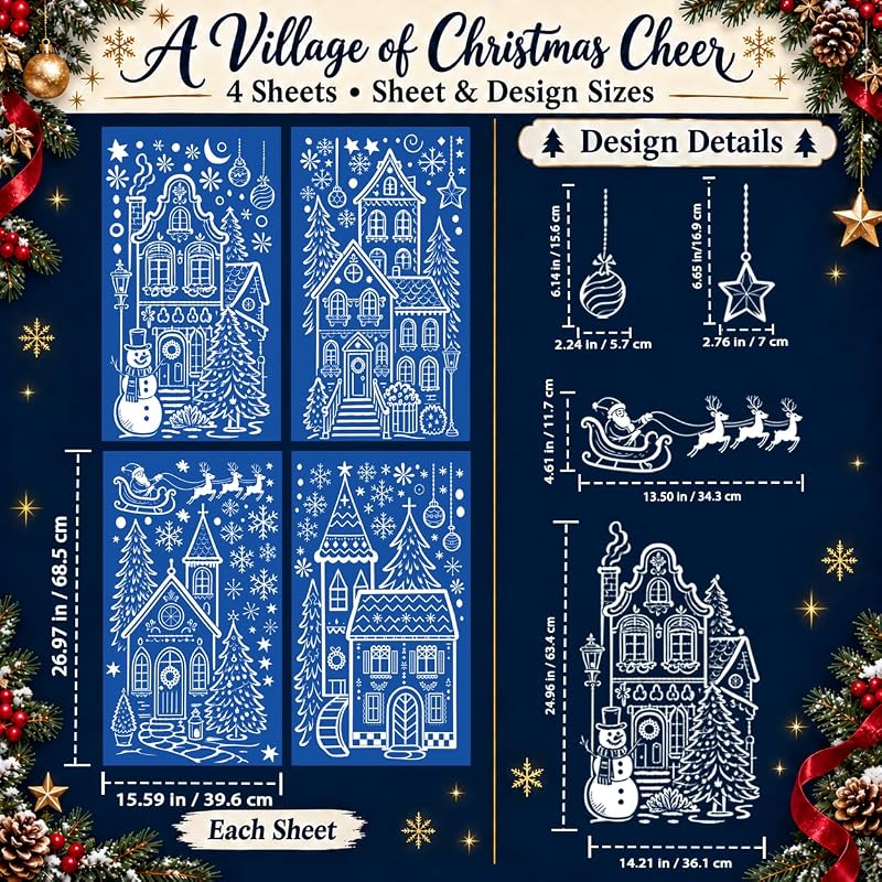 Christmas Village Window Clings – 4 Sheets 15.59 x 26.97 in Each, Winter White House Decor