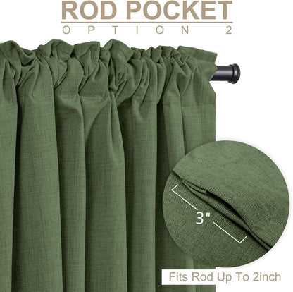 Skiennix 100% Blackout Linen Curtains - Thermal Insulated Drapes, Olive Green, 50" W x 102" L (2 Panels)