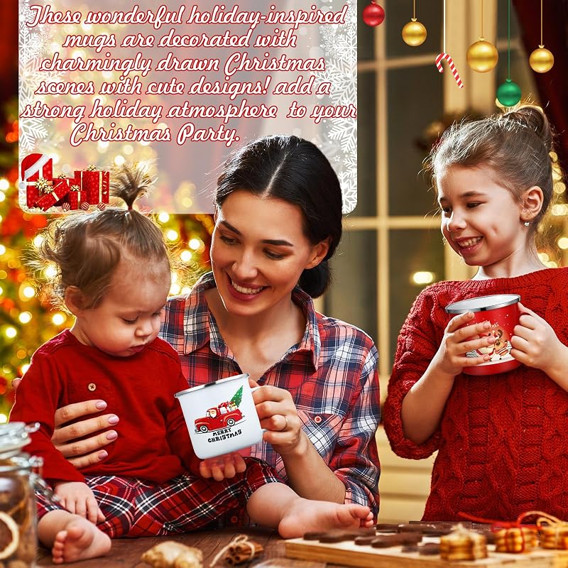 Zhehao 6 Pcs Cartoon Enamel Mugs 11 oz - Santa & Snowman Design (Variation: 6+Cartoon)