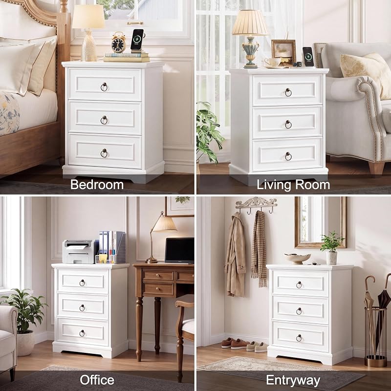 26" Tall Nightstand with Charging Station - White, 3 Drawers (Variation: White+1)