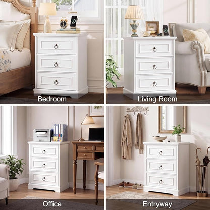 26" Tall Nightstand with Charging Station - White, 3 Drawers (Variation: White+1)