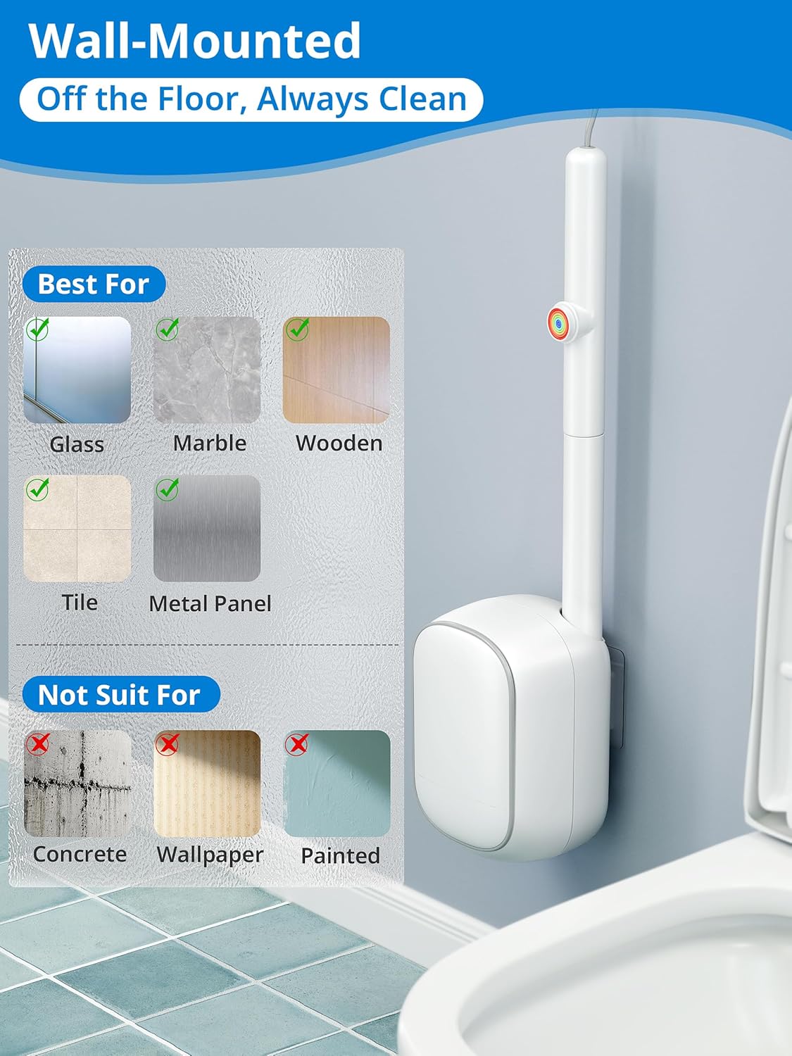 Skiennix Disposable Toilet Cleaner Wand Set - Wall Mounted Brush Kit with 12 Refill Heads | Hygienic Bathroom System