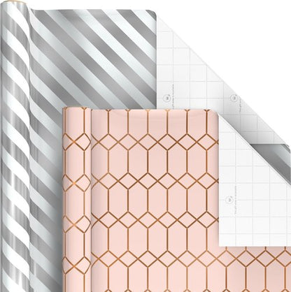 Hallmark Wrapping Paper - 6 Rolls of Elegant White & Silver Stripes, Mint Green, Gold Hearts & Flowers | 180 Sq. Ft. Total for Special Occasions
