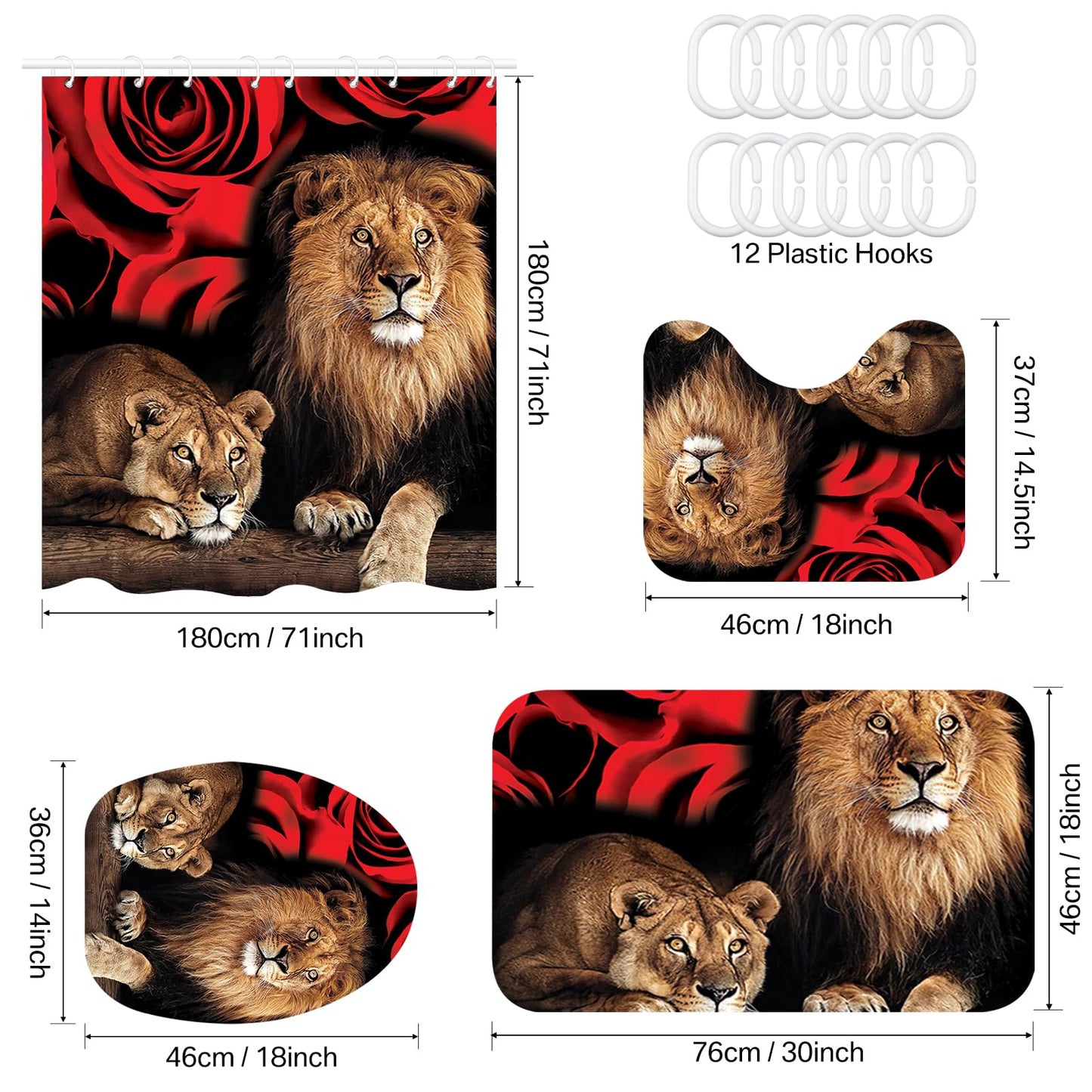 Neween 4PCS Lion Shower Curtain Set with Non-Slip Rugs, Toilet Lid Cover and Bath Mat, Shower Curtain Polyester Cloth Bath Curtain Set with 12 Hooks, Waterproof Washable Bathroom Decor Set (Lion)