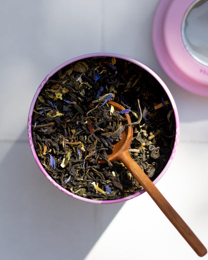 JusTea PURPLE JASMINE | Loose Leaf Purple Tea | Tin with Hand Carved Tea Spoon | 40+ Cups (3.2oz) | Low Caffeine | Award-Winning | Fair Trade | Non-GMO