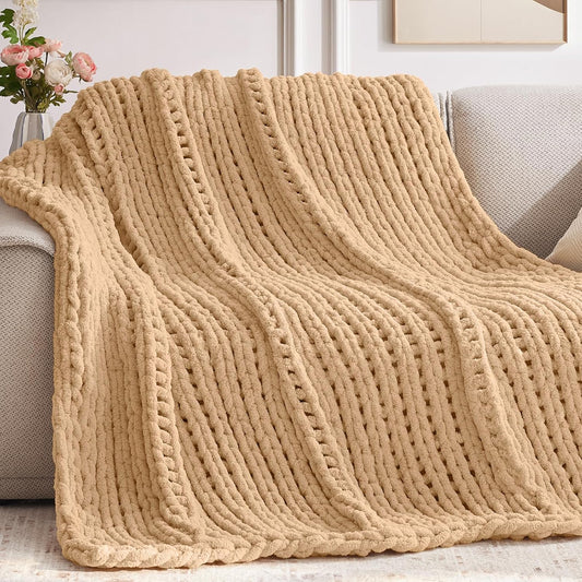 Negwoo Chunky Knit Throw Blanket - Handmade Beige Chenille Yarn | Soft & Comfy 30'' x 40'' for Home Decor