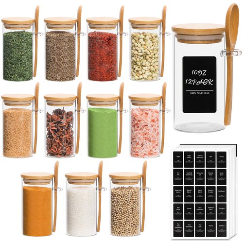 ComSaf 12 Pcs Glass Spice Jars with Labels and Spoons, 10oz Spice Containers with Bamboo Lids, Glass Storage Containers with 275 Labels for Seasonings, Salt, Loose Leaf Tea Storage