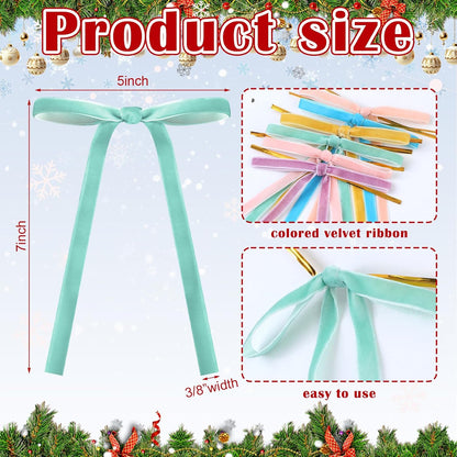 Skiennix 24 Pcs Velvet Bows - Vintage Ribbon Bows for Christmas Tree & Crafts | Pastel Rainbow, 5x7 Inch